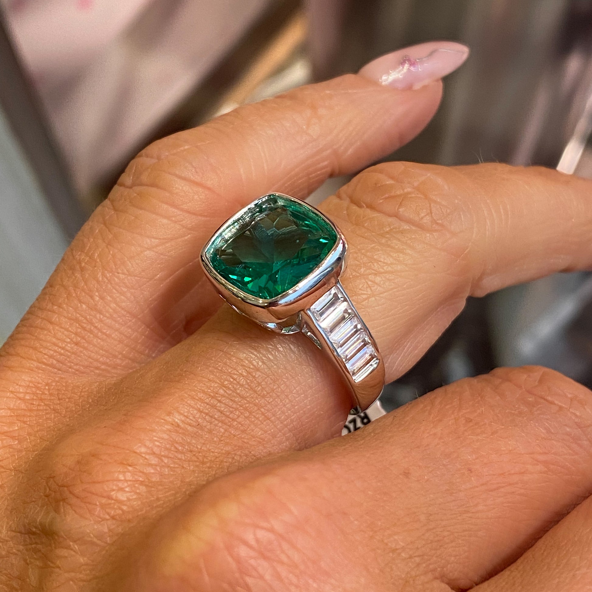 Silver Aqua CZ Cushion Ring - John Ross Jewellers