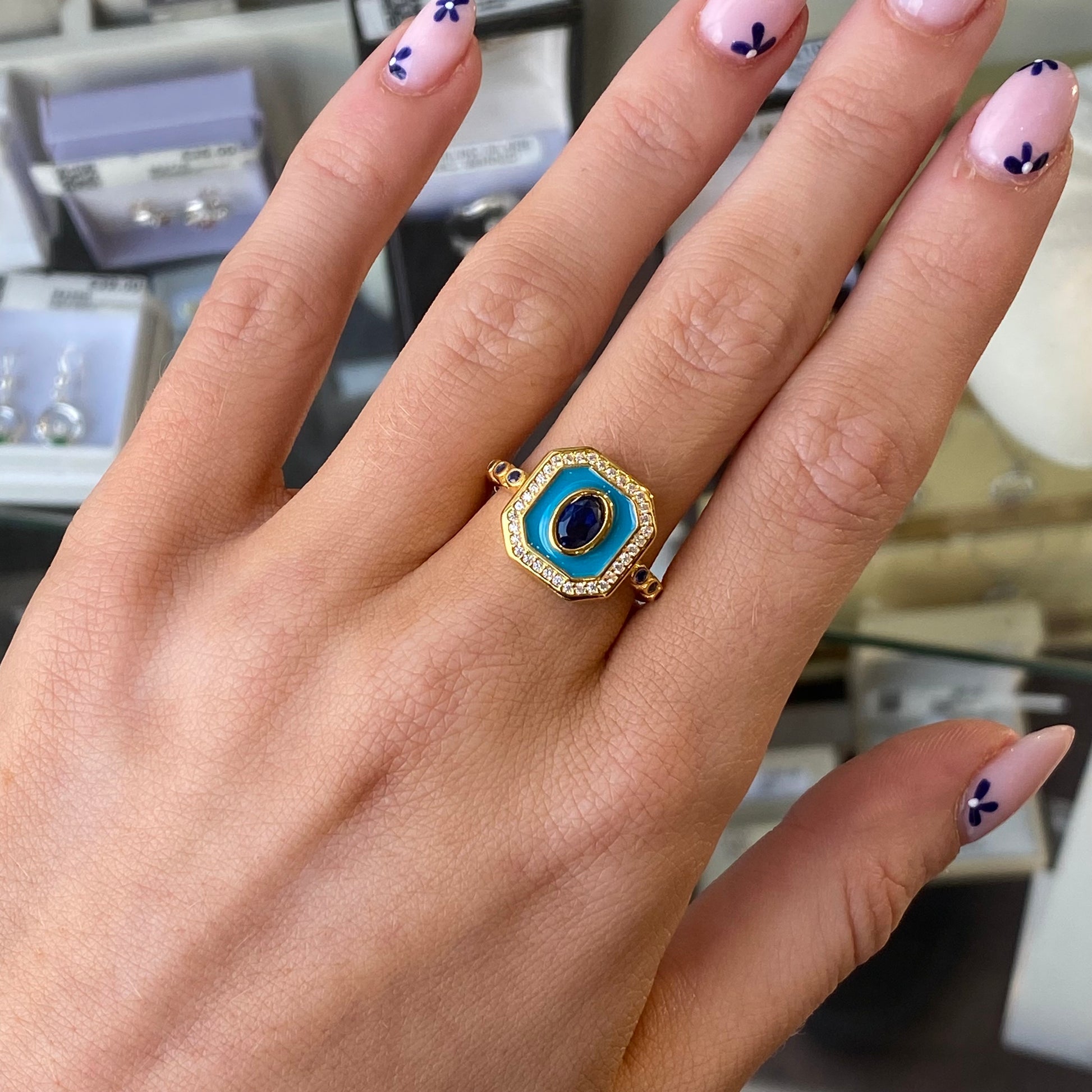 Sunshine Enamel Sensation Ring | Teal & Sapphire - John Ross Jewellers