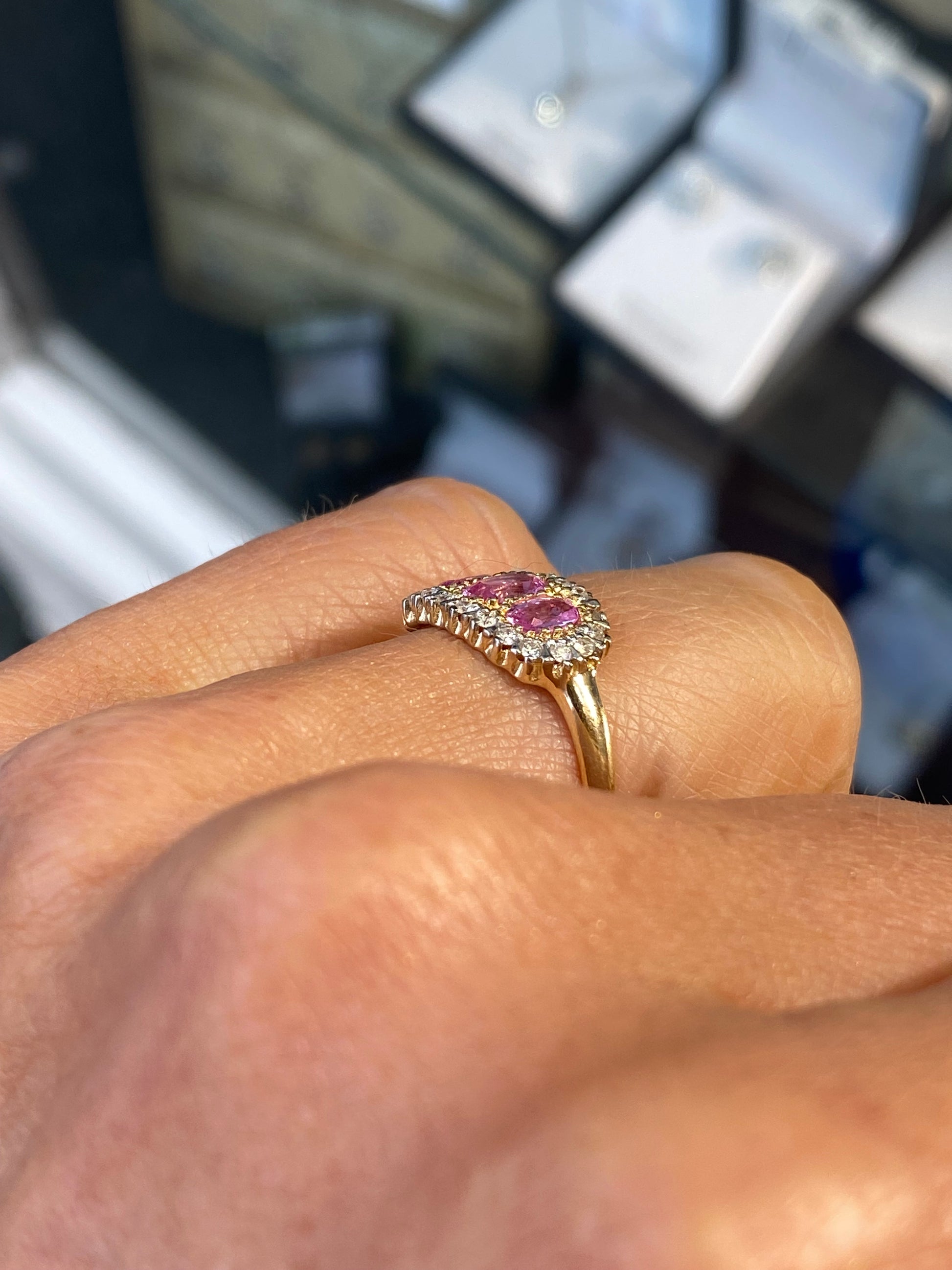 9ct Gold Pink Sapphire & Diamond Trilogy Ring - John Ross Jewellers