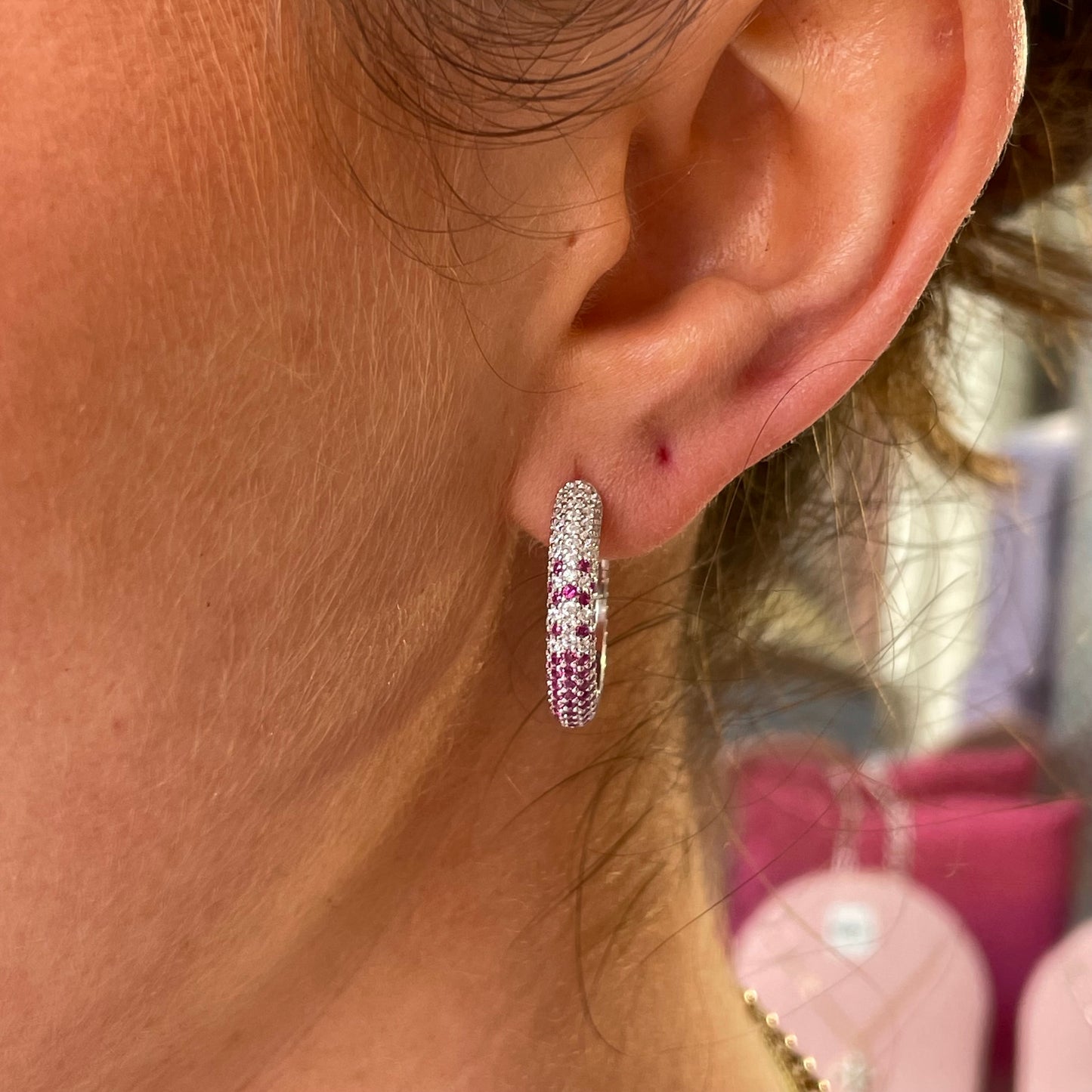 Silver Red Ombre Huggie Hoop Earrings