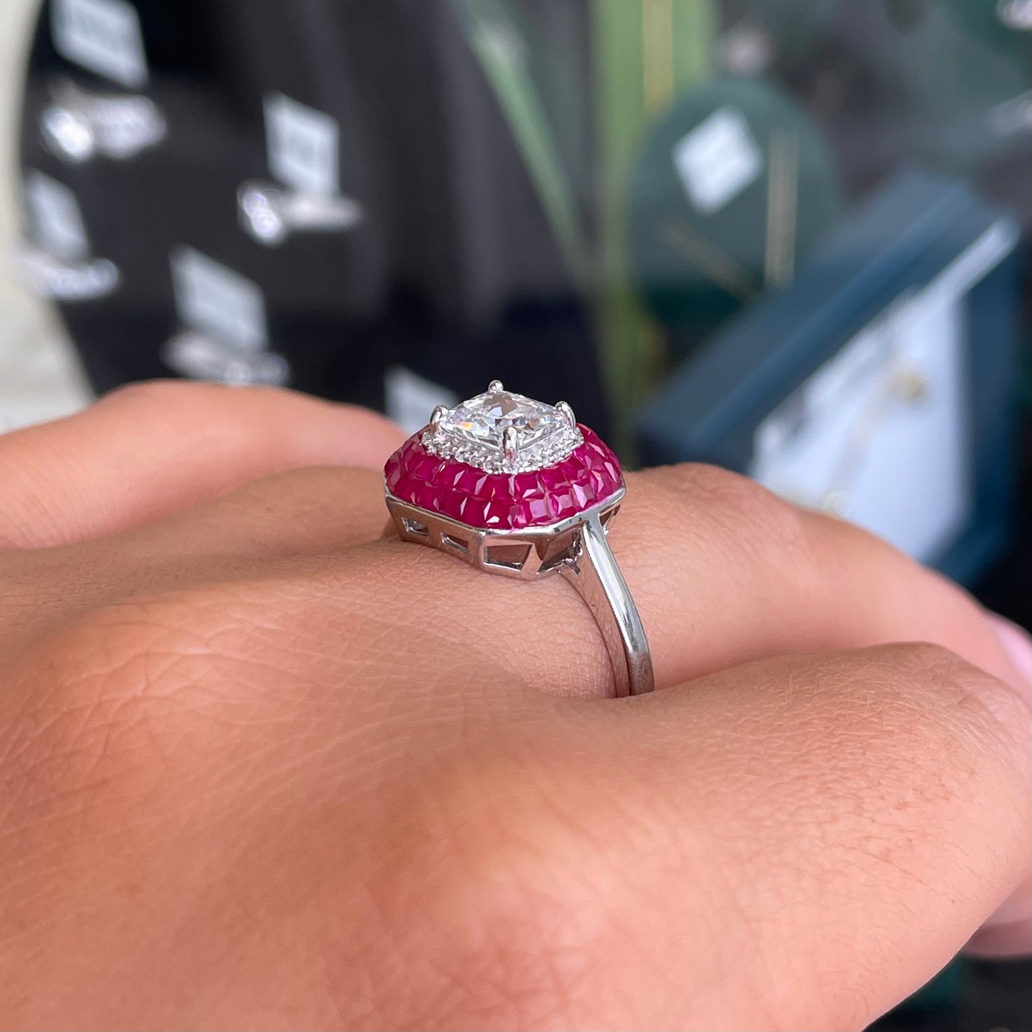 Silver CZ Cushion Ring | Ruby Red
