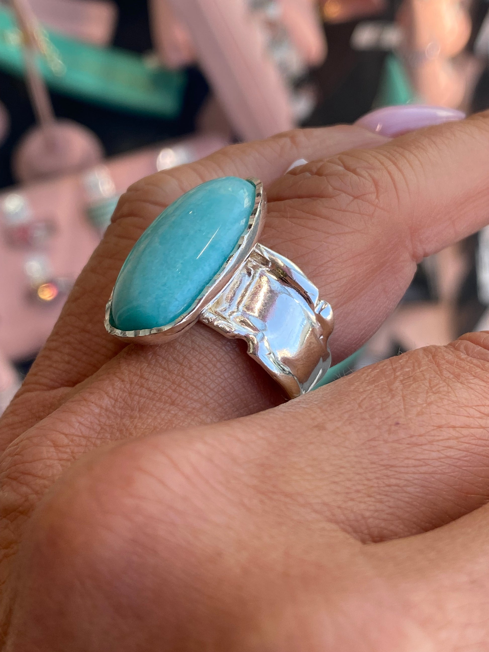 Silver Amazonite nugget ring by Bruno featuring a natural blue-green gemstone set in a sleek silver band.