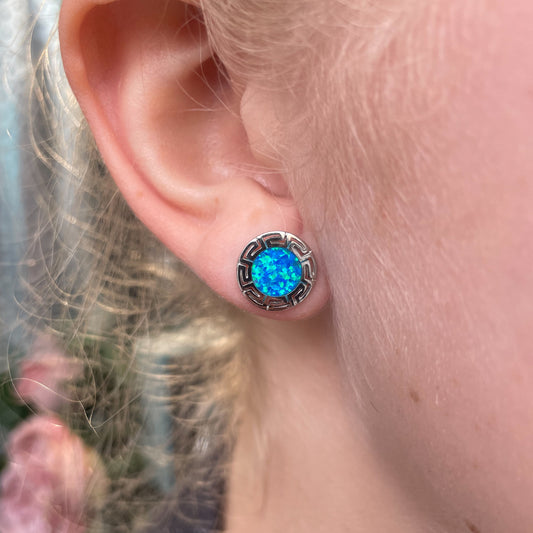 Silver Round Blue Opalique Greco Stud Earrings