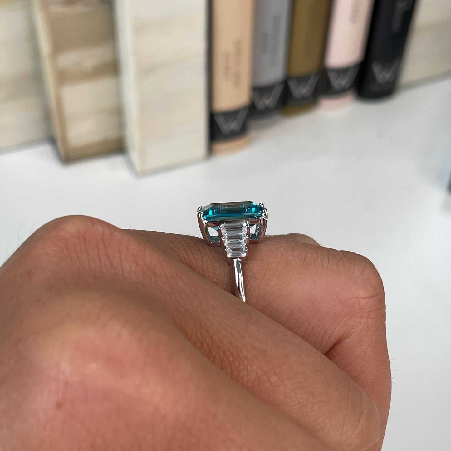 Silver Aqua & Baguette CZ Solitaire Ring - John Ross Jewellers