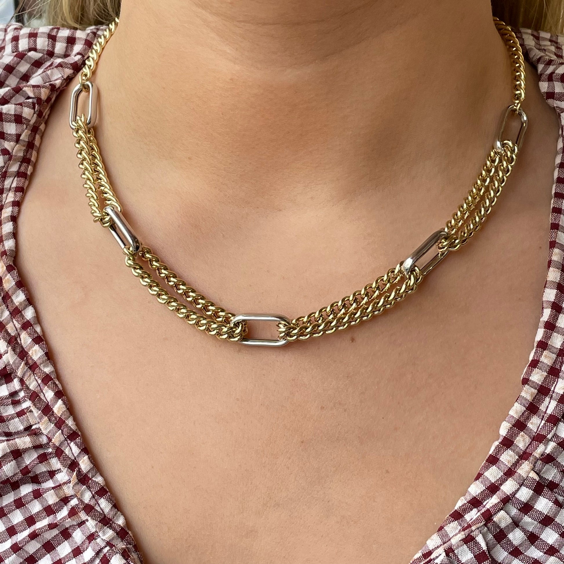9ct gold and two-tone chunky long link necklace by Mark Milton, featuring bold interlocking chain links.