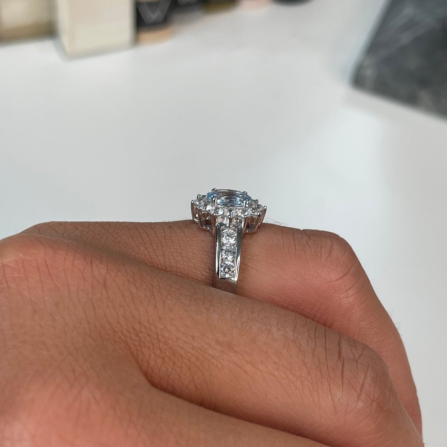 Silver Aqua CZ Diana Ring with Shoulders - John Ross Jewellers