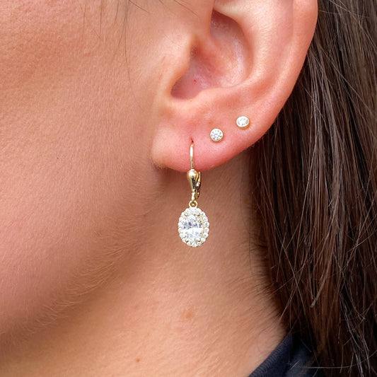 9ct Gold Oval CZ Halo Drop Earrings - German Wires