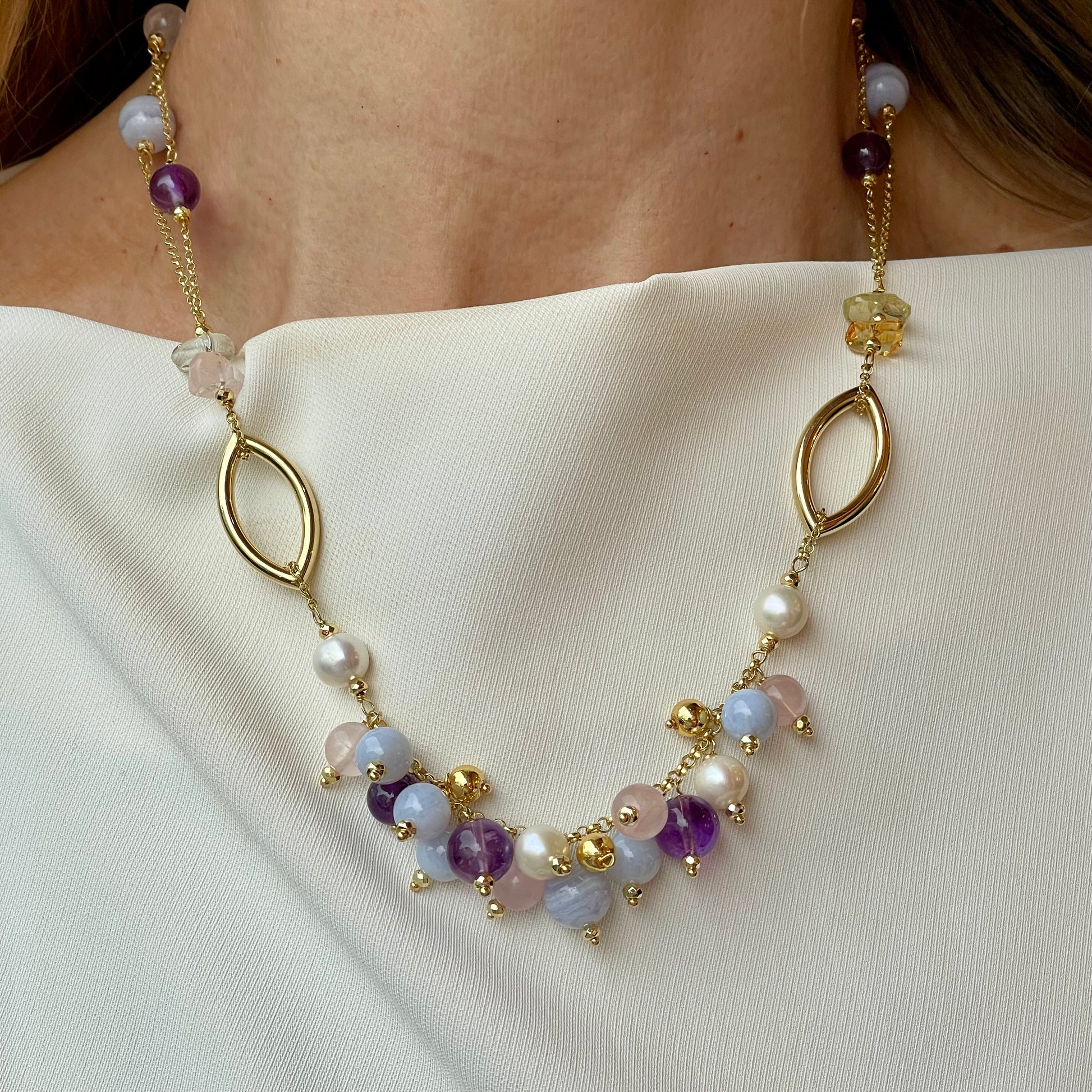 Baroque Necklace | Evia | Pearl, Amethyst & Chalcedony - John Ross Jewellers
