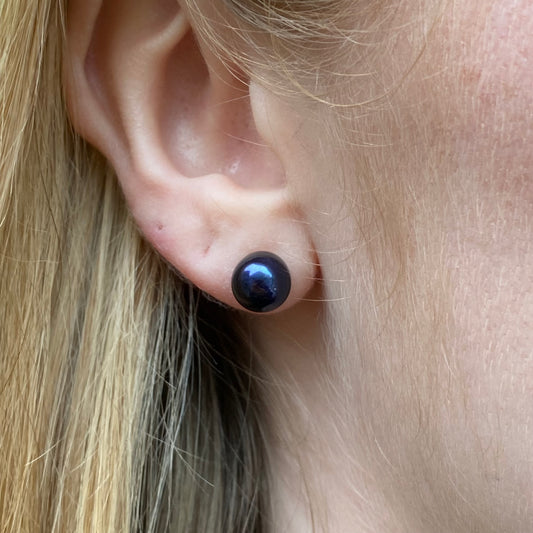 Silver Black Freshwater Pearl 8mm Button Stud Earrings