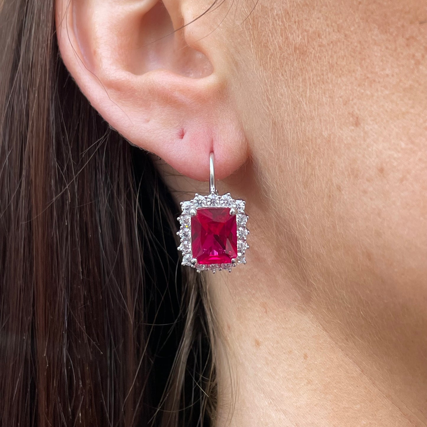 Silver Red CZ Emerald Cut Cluster Stud Earrings | German Wires