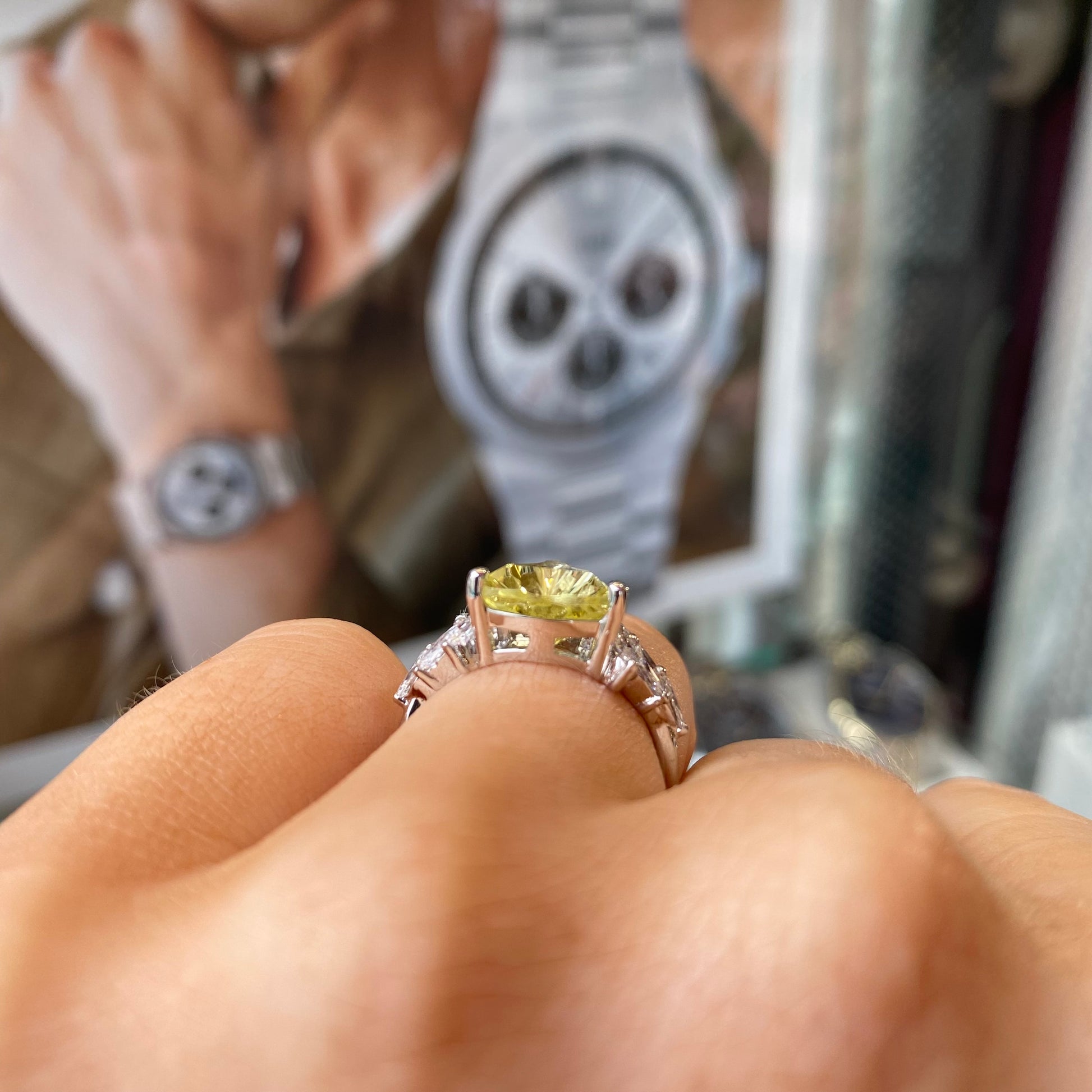 Platinum Prasiolite Trilliant Ring | Certificated Lab - John Ross Jewellers