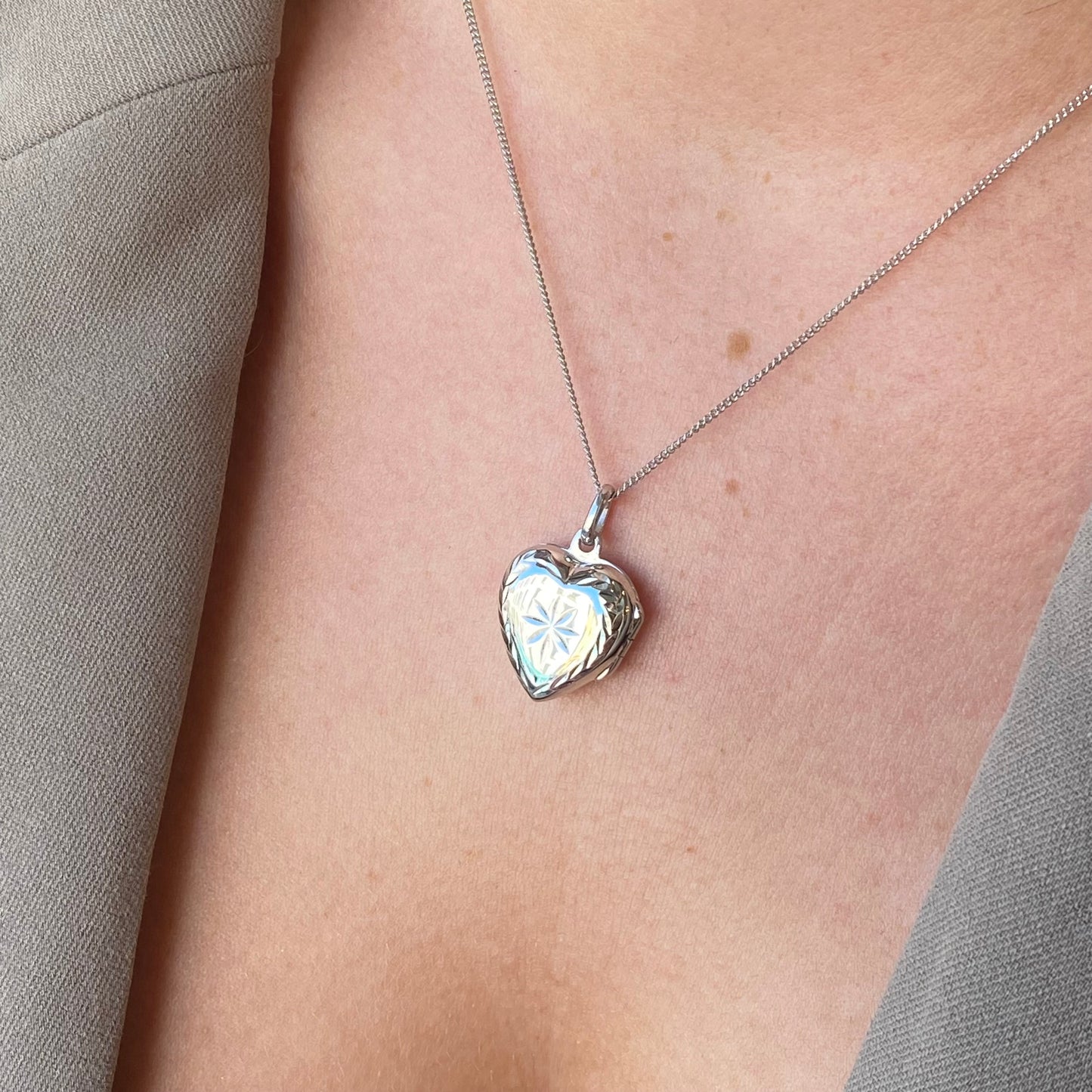 Silver Heart Locket Necklace | Star Pattern