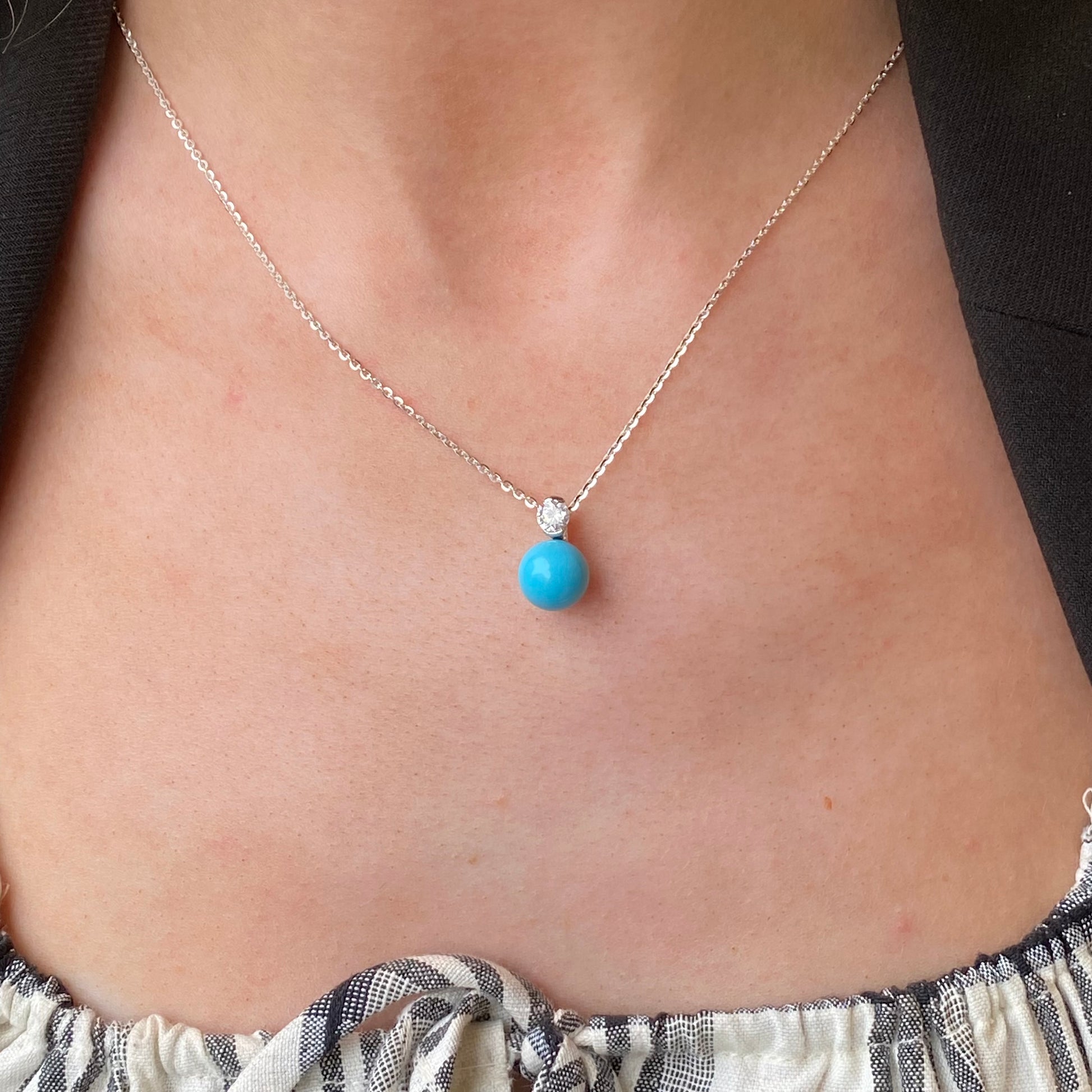 Silver 10mm Synthetic Turquoise & CZ Pendant Necklace  | 18" - John Ross Jewellers