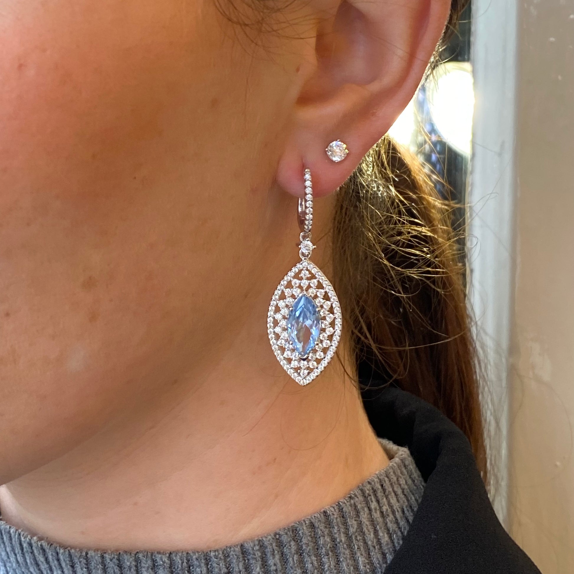 Silver Aqua CZ Marquise Drop Earrings - John Ross Jewellers
