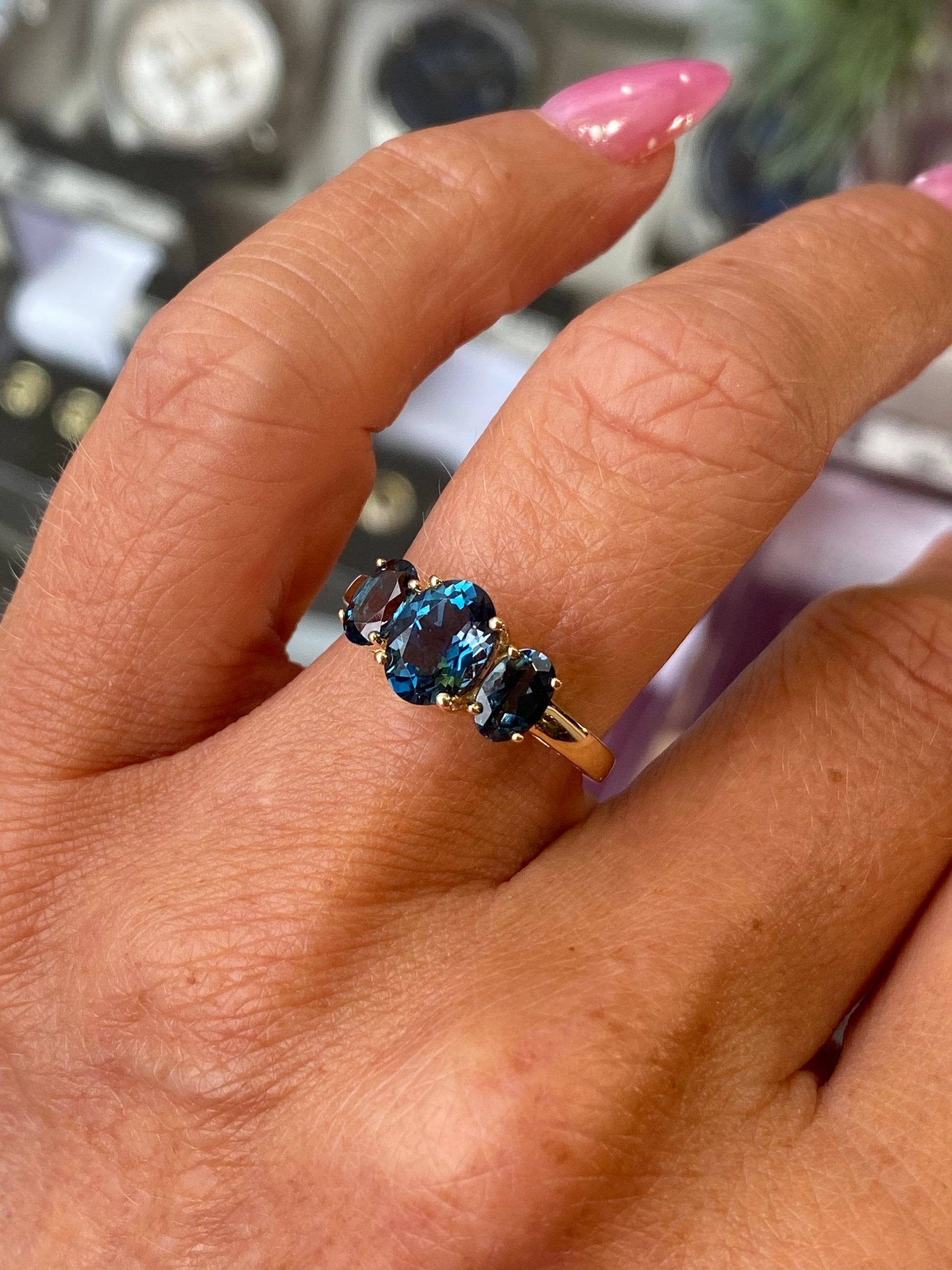 9ct Gold Oval Trilogy Ring - London Blue Topaz - John Ross Jewellers