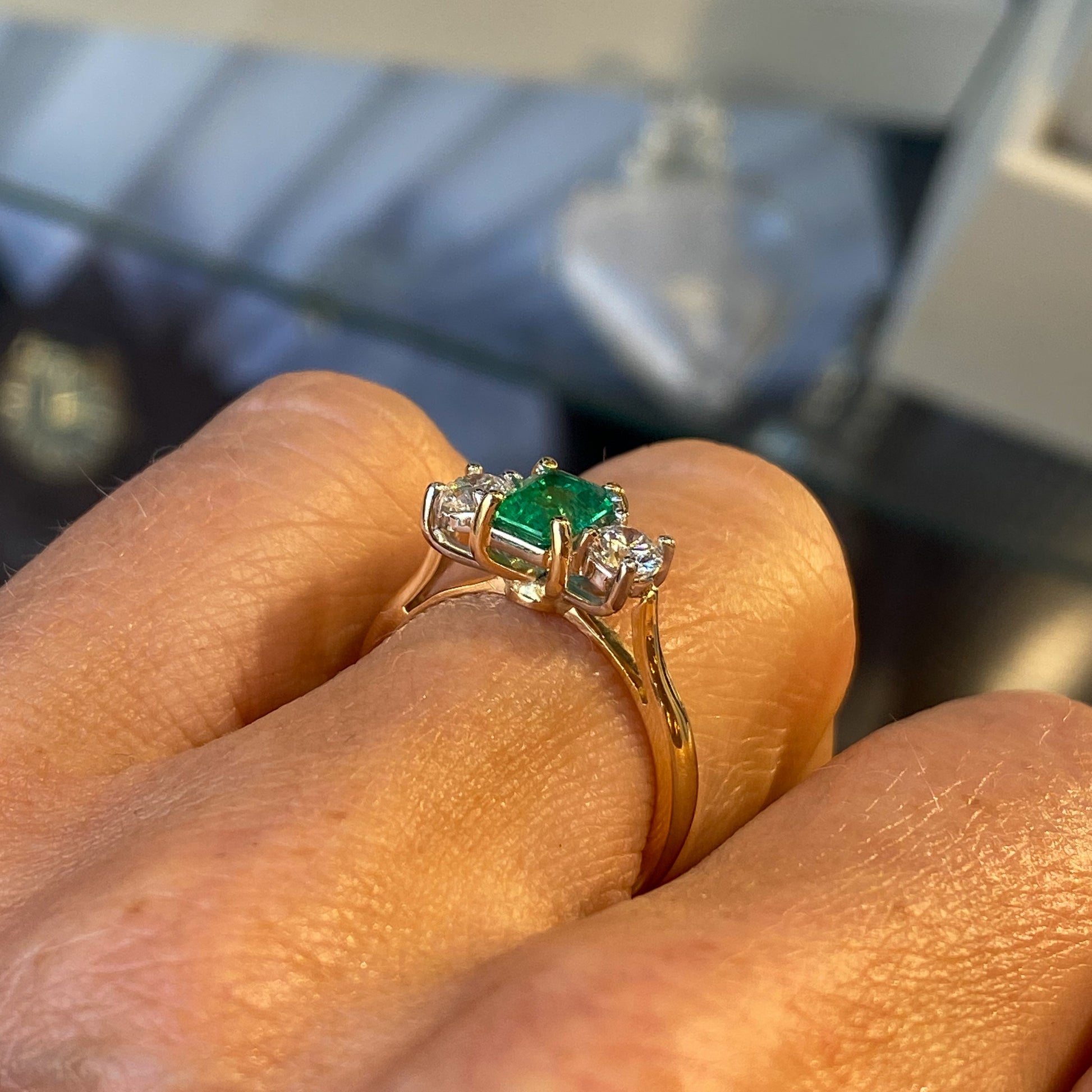 18ct Gold Emerald & Diamond Trilogy Ring - John Ross Jewellers