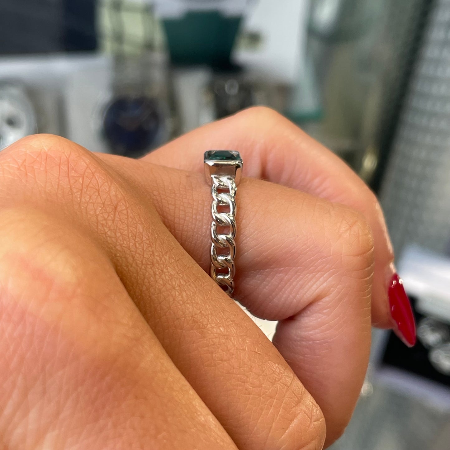 Silver Emerald Green CZ Chain Ring - John Ross Jewellers