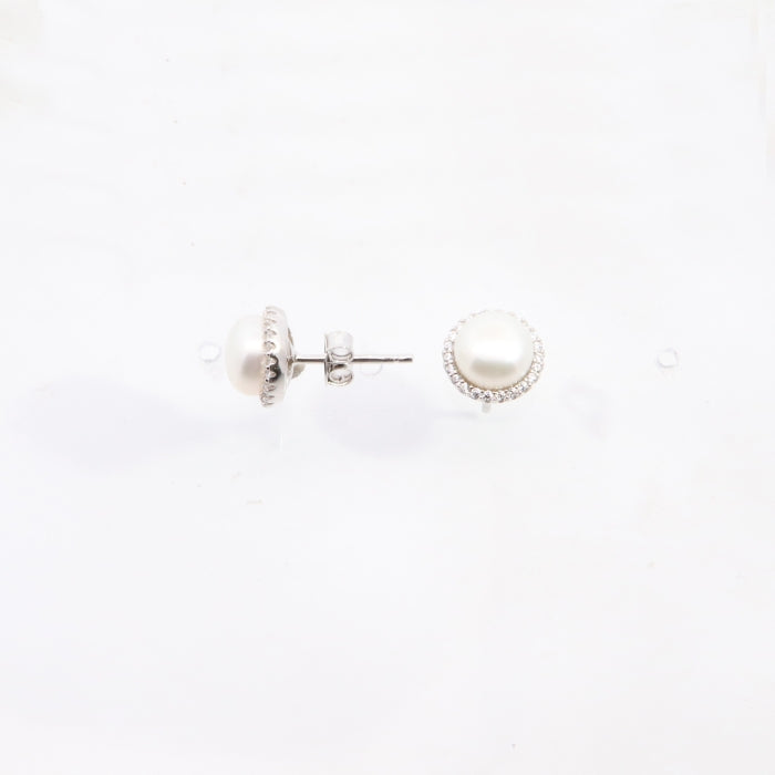 Silver Freshwater Pearl & CZ Stud Earrings - John Ross Jewellers
