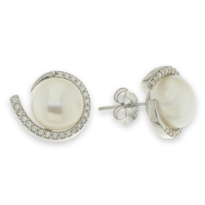 Silver Freshwater Pearl & CZ Stud Earrings - John Ross Jewellers