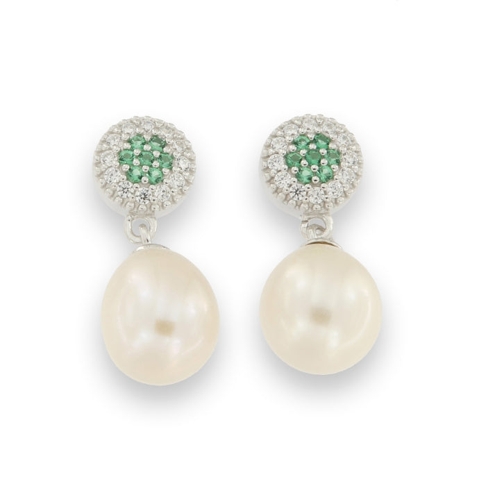 Silver emerald green CZ and freshwater pearl drop earrings by Comero featuring elegant gemstone and pearl design.