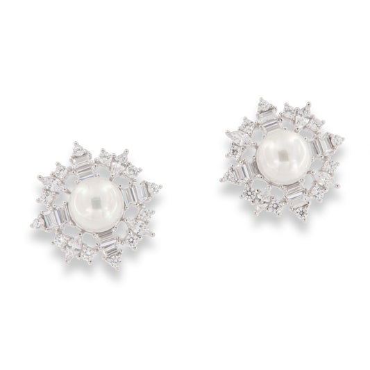 Silver Pearl & CZ Cluster Stud Earrings - John Ross Jewellers