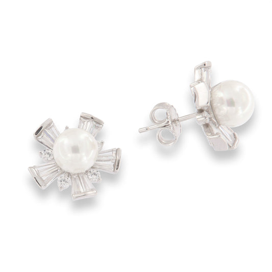 Silver 7mm Pearl & Baguette Stud Earrings - John Ross Jewellers