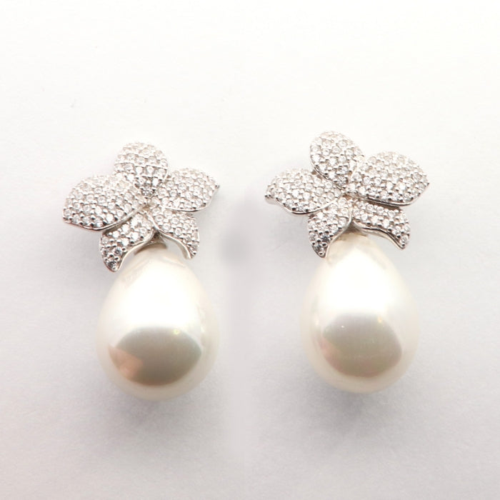 Silver Floral CZ & Pearl Drop Earrings