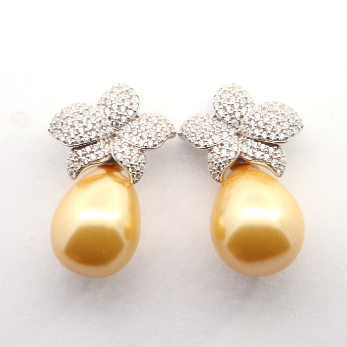 Silver Floral CZ & Golden Pearl Drop Earrings