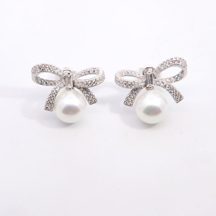 Silver Pearl & CZ Bow Stud Earrings