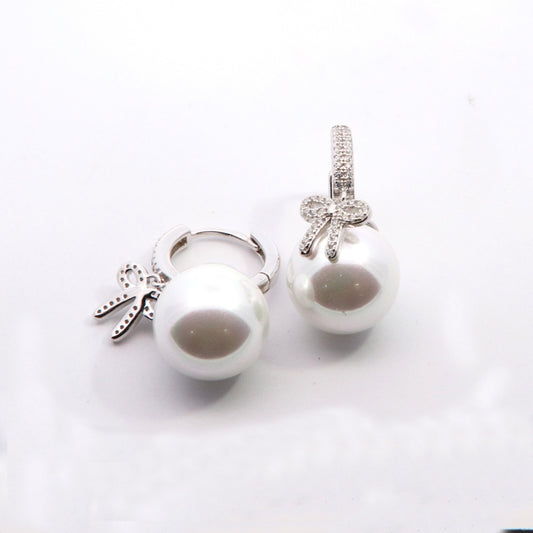 Silver Pearl & CZ Bow  Hoop Drop Earrings