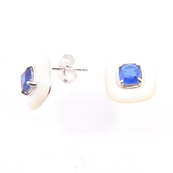 Silver Sapphire Blue Mother of Pearl Stud Earrings