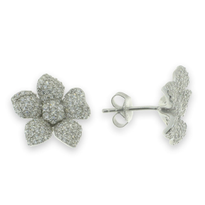 Silver CZ Flower Stud Earrings