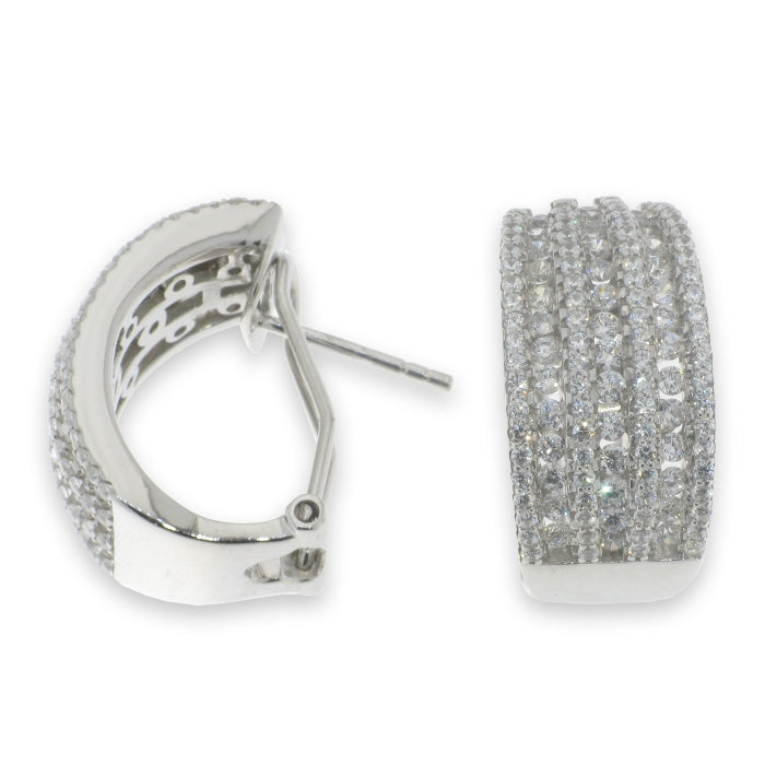 Silver CZ Ribbed J Hoop Earrings