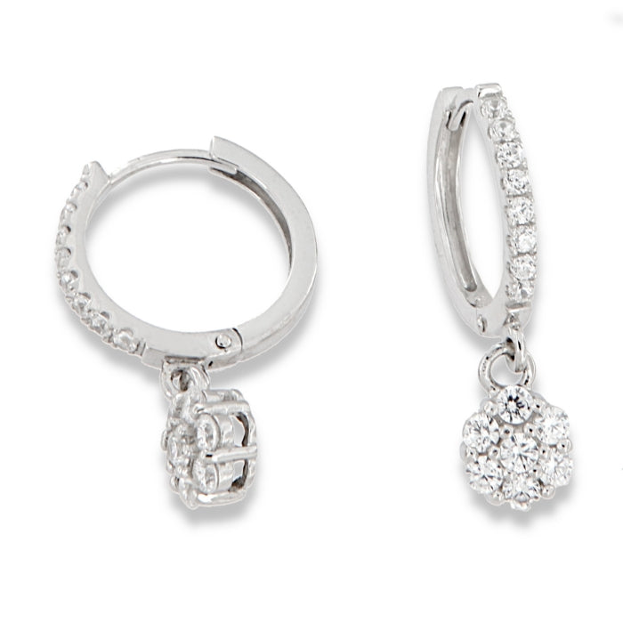 Silver CZ Cluster Drop Huggie Hoop Earrings