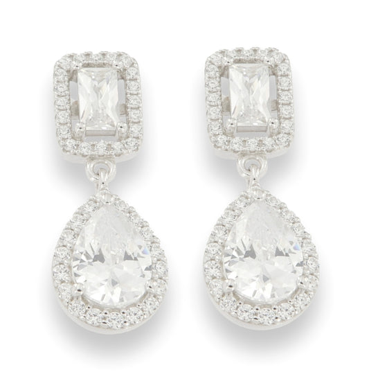 Silver Pear & Radiant Halo CZ Drop Earrings