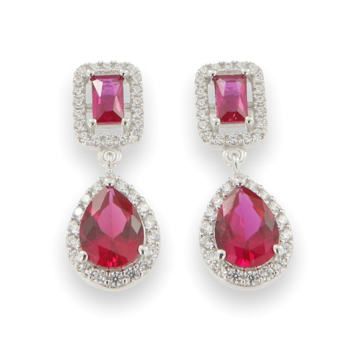 Silver Pear & Radiant Halo CZ Drop Earrings | Red