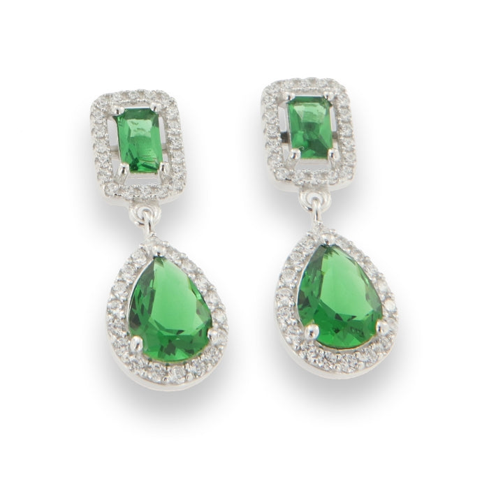 Silver Pear & Radiant Halo CZ Drop Earrings | Green