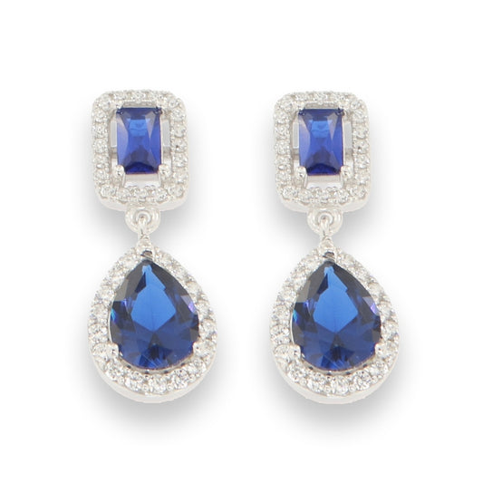 Silver Pear & Radiant Halo CZ Drop Earrings | Blue