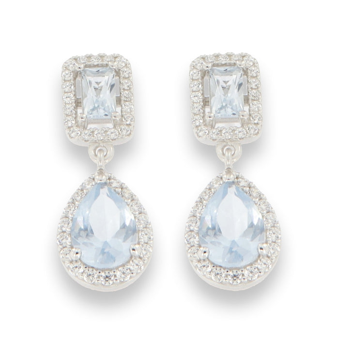 Silver Pear & Radiant Halo CZ Drop Earrings Aqua