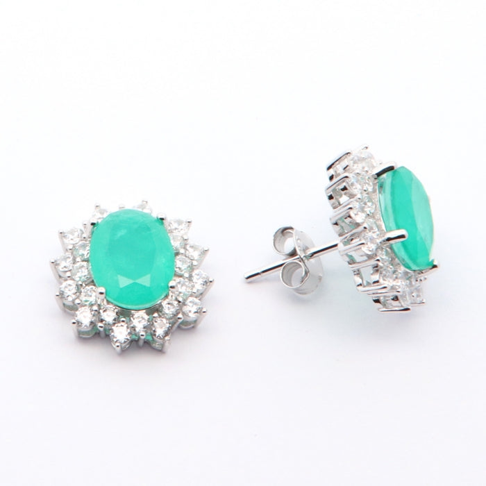 Silver Green CZ Oval Stud Earrings