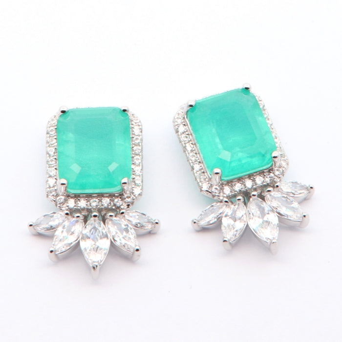 Silver Emerald Cut Green CZ Stud Earrings