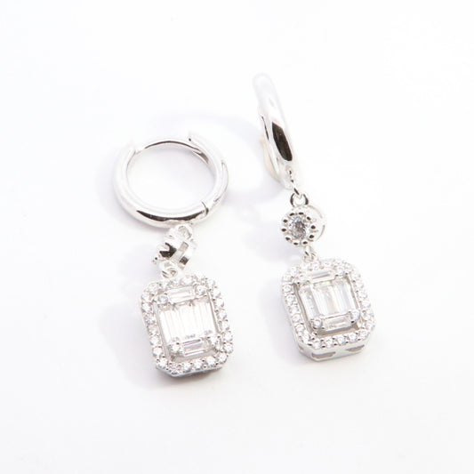 Silver Emerald Cut Drop Hoop Earrings