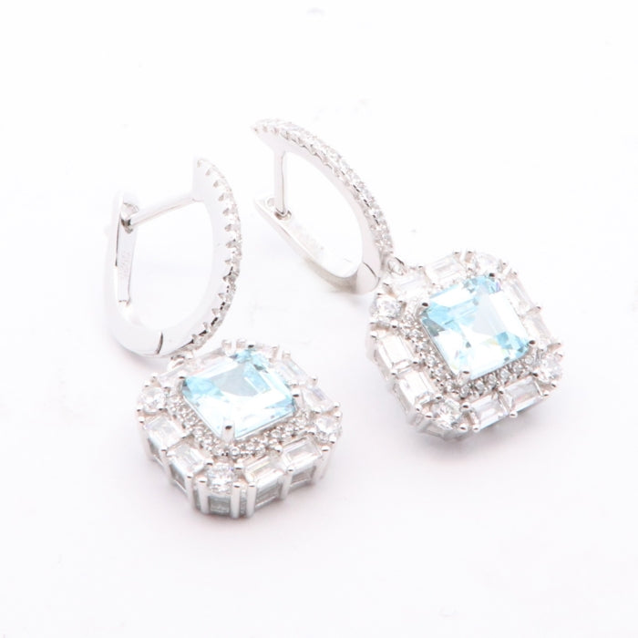 Silver Aqua CZ Cushion Halo Drop Hoop Earrings