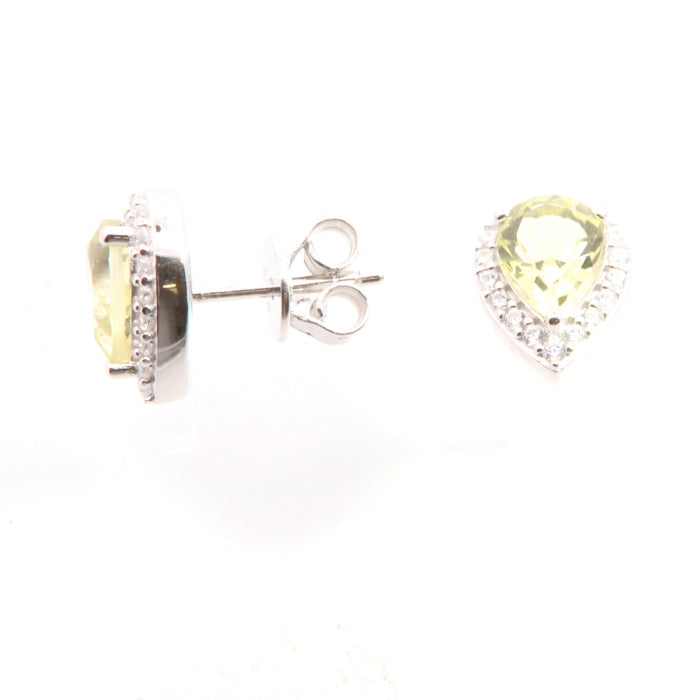 Silver Peridot & CZ Pear Halo Stud Earrings