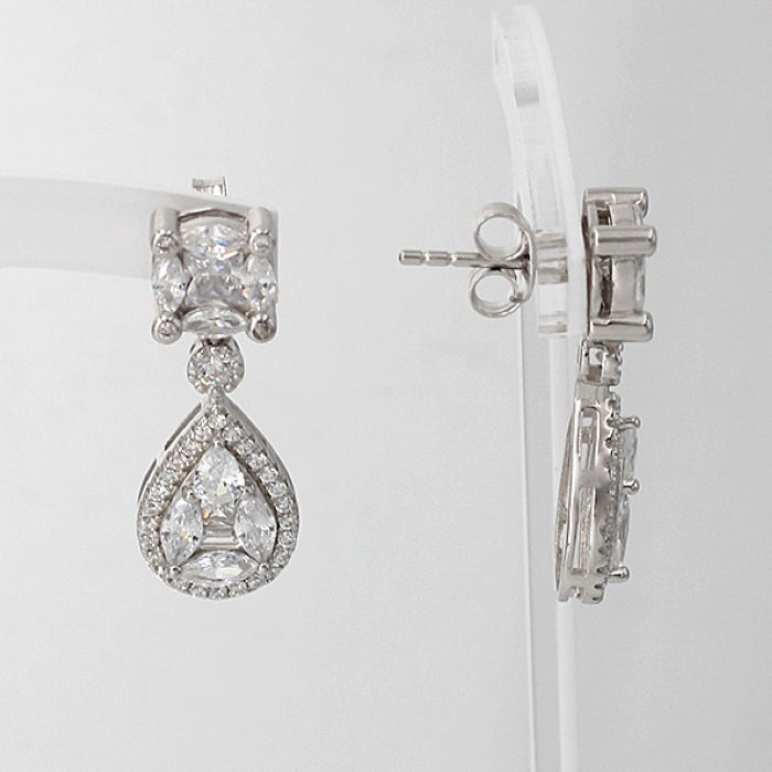 Silver Pearl CZ Halo Drop Earrings