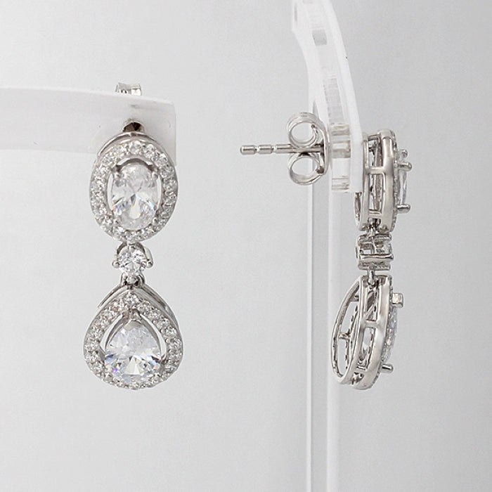Silver Pearl CZ Halo Drop Earrings