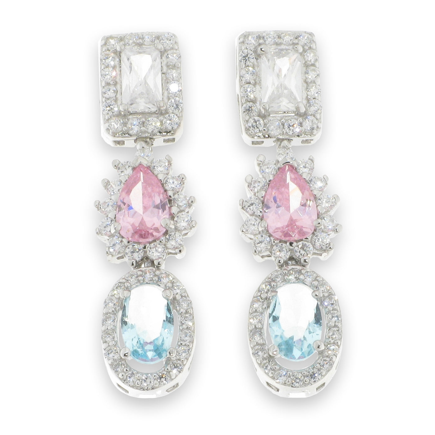 Silver Pink & Blue CZ Statement Drop Earrings - John Ross Jewellers
