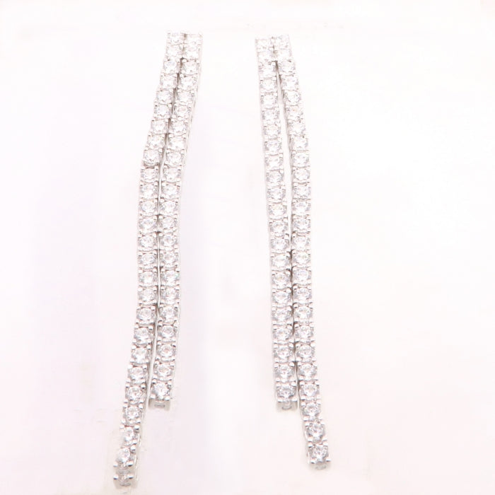 Silver Two Row CZ Long Drop Earrings