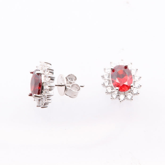 Silver Garnet Red CZ Diana Stud Earrings