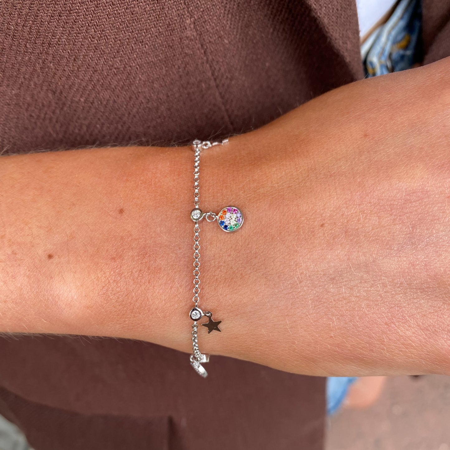 Silver CZ Charm Bracelet | Rainbow Wheel & Star Drops